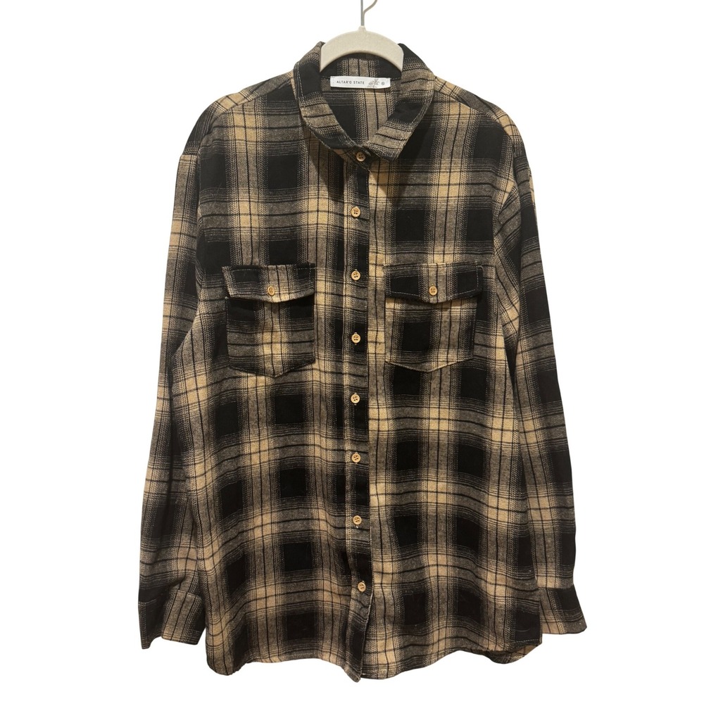 Altar'd State Womens Small‎ Black Tan Plaid Flannel Button Up Shirt HF23G557-24